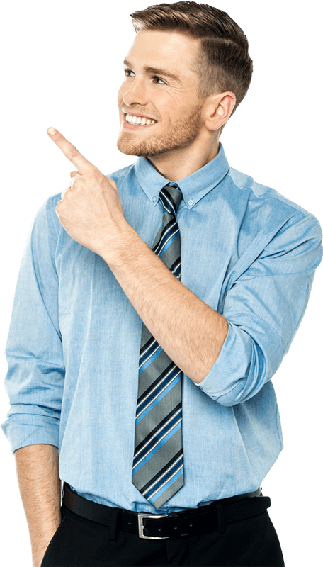 A man in blue shirt and tie pointing to his right.