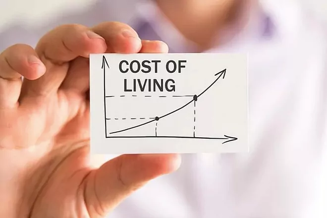 A man holding up a piece of paper that says cost of living.