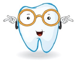 Smiling cartoon tooth wearing glasses pointing