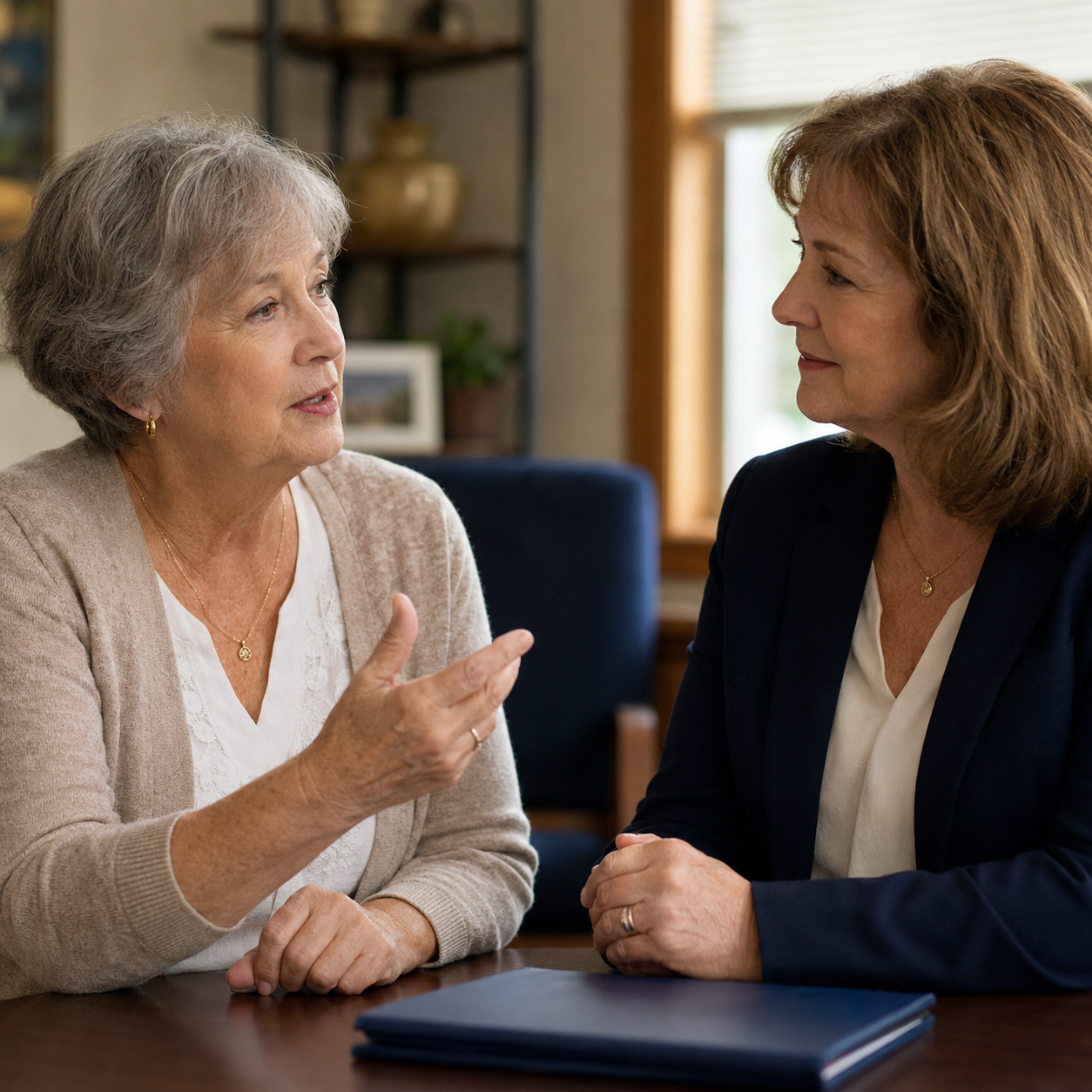 Two women having a conversation at table