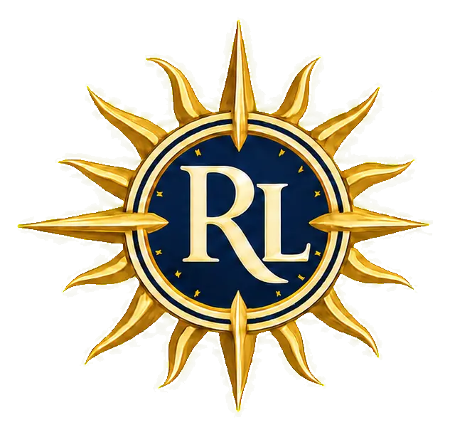 Gold sun emblem with RL initials