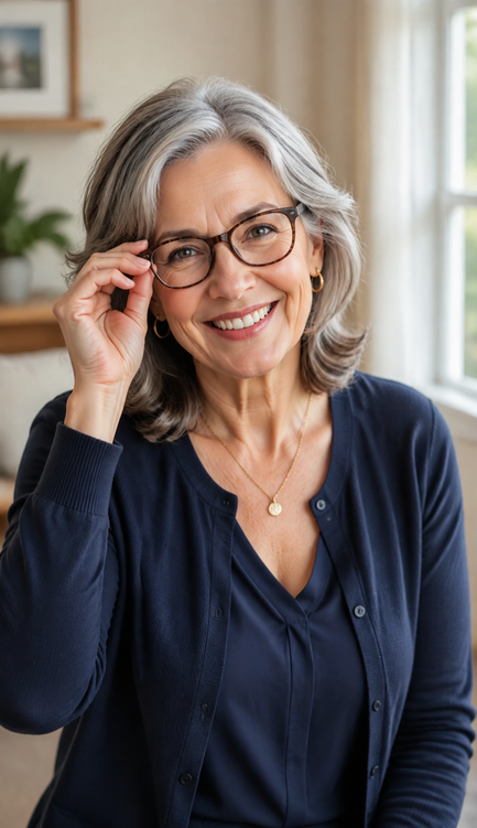 Smiling gray-haired woman wearing eyeglasses