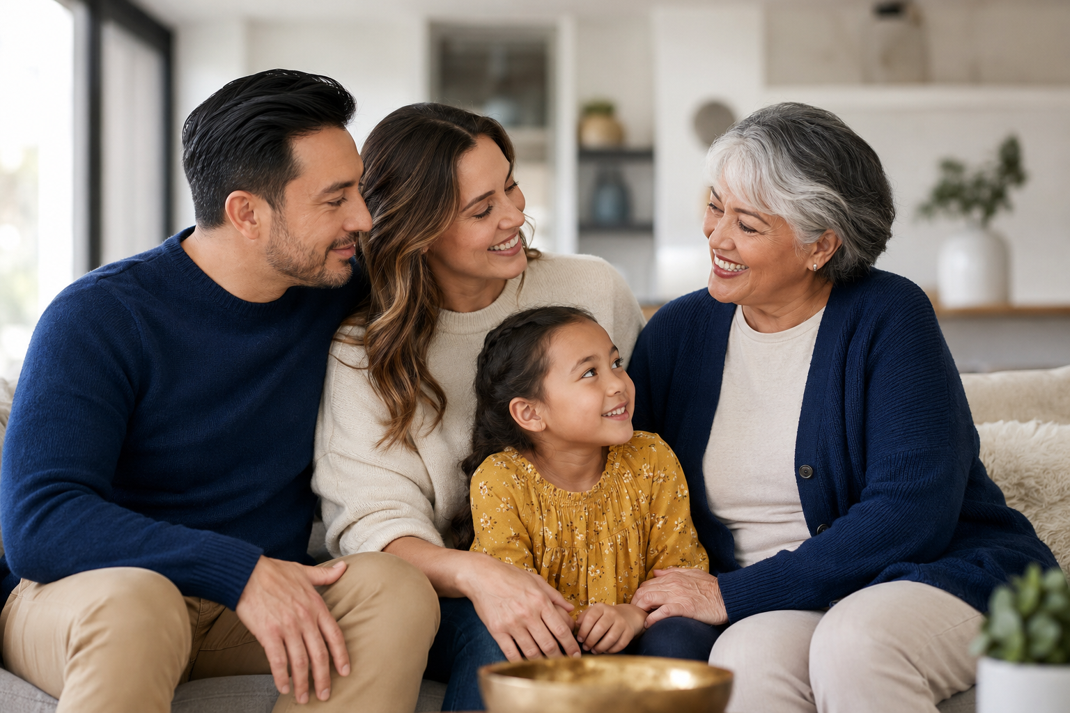 Smiling multi-generational family on couch