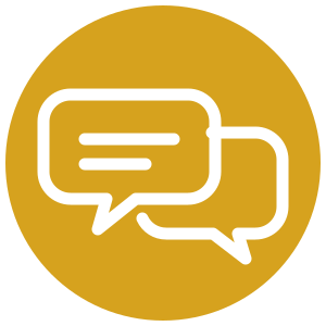 Two white speech bubbles on gold circle