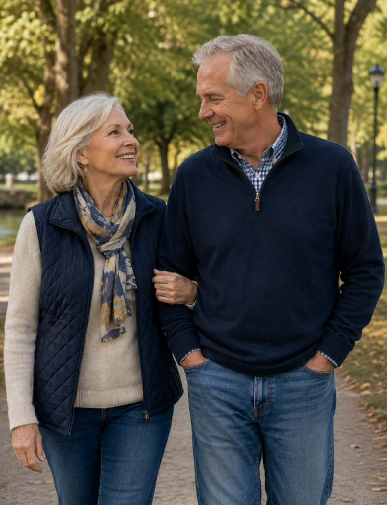 Senior couple walking arm-in-arm in park