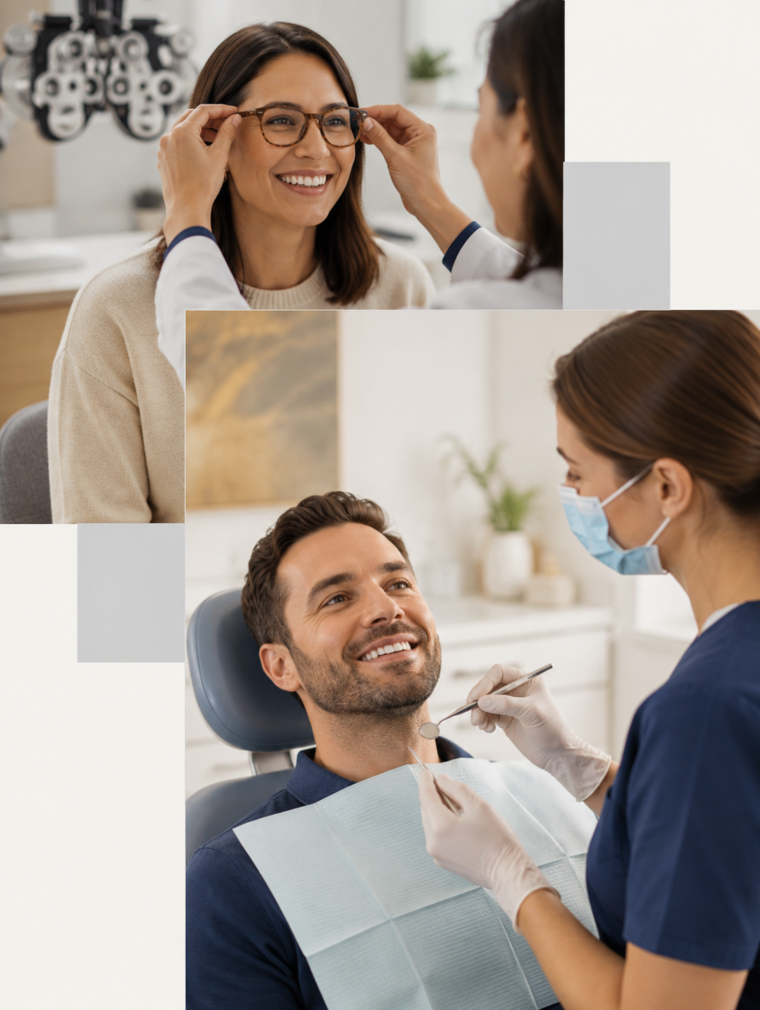Collage of eyeglasses fitting and dental exam