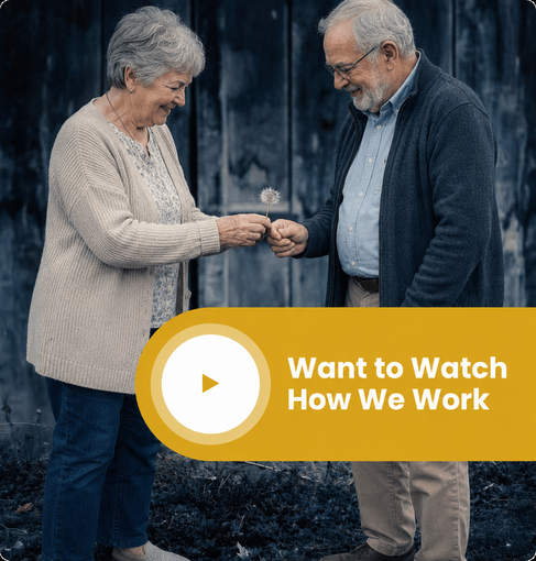 Smiling senior couple exchanging dandelion, play overlay